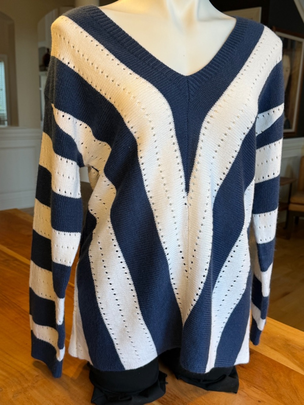 Coastal Preppy V-Neck Striped Sweater Blue/White Acrylic (VGUC)